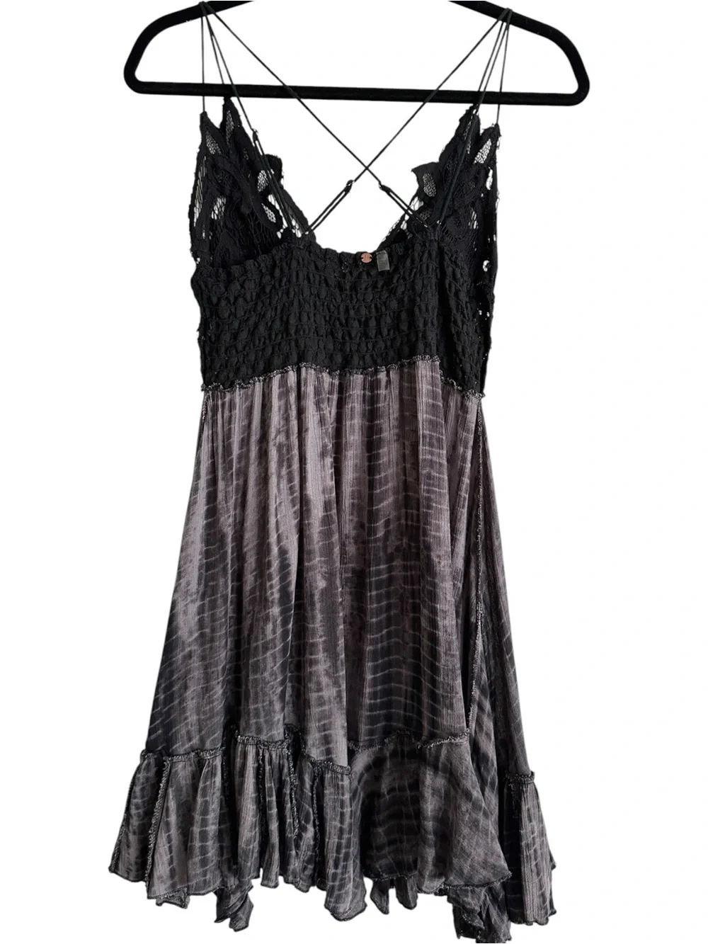 Free People FP One Adella Lace Mini Slip Dress Black Charcoal Sz M Boho Festival